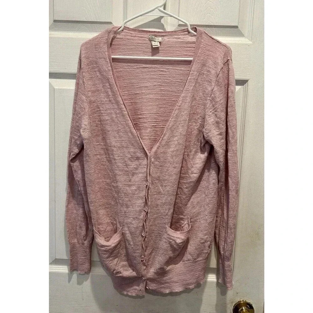 J. CREW Sweater Women's Large Pink Linen Blend Button V-neck LS Cardigan Pockets